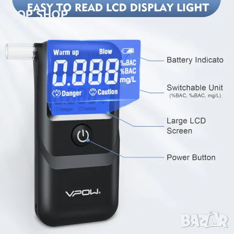Алкотестер за тестване на алкохол, тестер за алкохол VPOW с цифров син LCD дисплей, клас, снимка 8 - Друга електроника - 48668195