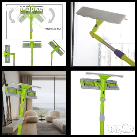 Моп, стъклочистачка с телескопична дръжка, чупеща глава, перяща предна част и резервен моп.
