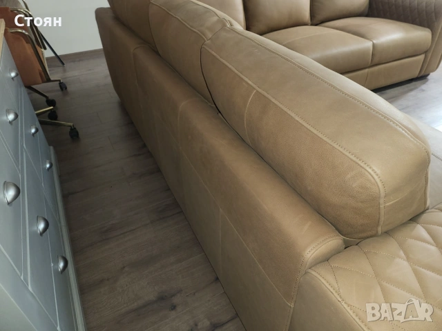 Светло кафяв кожен ъглов диван, снимка 6 - Дивани и мека мебел - 53833466