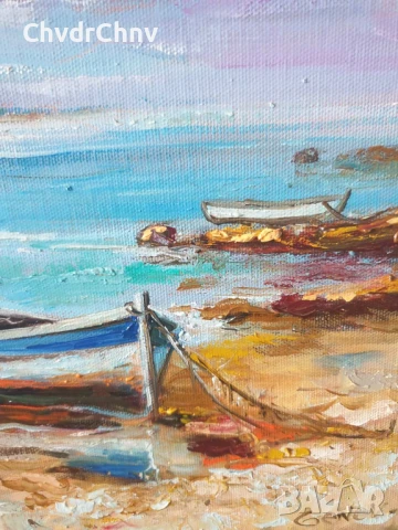 Димитър Генев 33x27см/малка българска картина масло върху платно/морски пейзаж/рибарски лодки, снимка 3 - Картини - 51153040