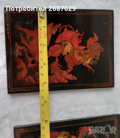 2 стари руски картини на дърво, картина лак, приказка, руснак офицер интарзия 1966, дървена картина , снимка 5 - Картини - 36327670