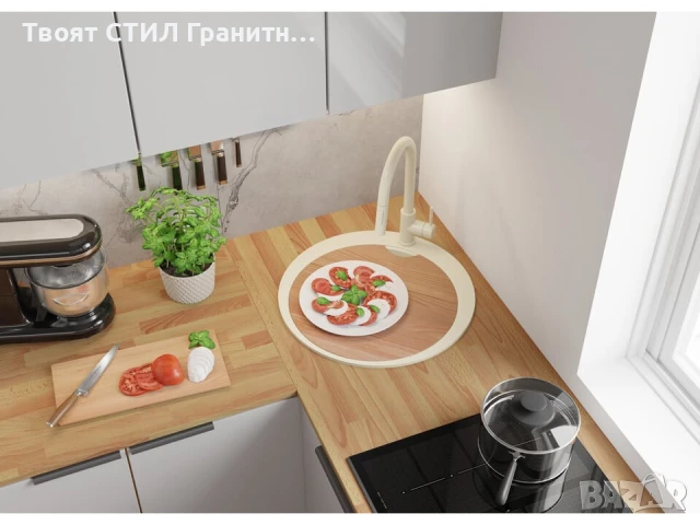 Бежава кръгла кухненска гранитна мивка Пиза 50 Top 530 x 530 мм, снимка 5 - Мивки - 51286311