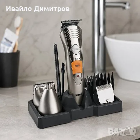 МНОГОФУНКЦИОНАЛЕН АКУМУЛАТОРЕН ТРИМЕР KEMEI KM-580A (7 В 1) – СИВ/СРЕБРИСТ, снимка 2 - Машинки за подстригване - 56072753