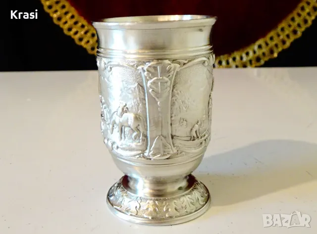 Чаша от калай за ракия с красиви селски картини. , снимка 4 - Антикварни и старинни предмети - 47417450