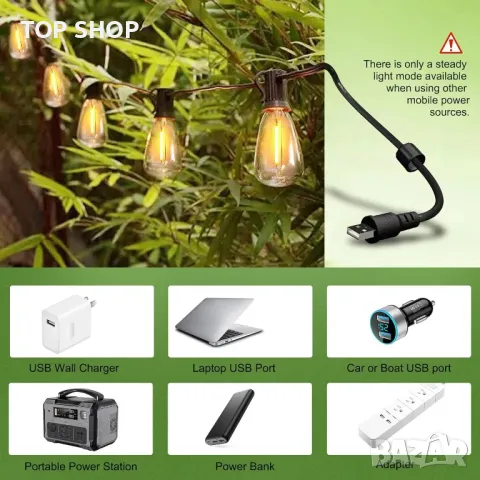 Външни соларни стрингови светлини, 18,3 м, 15+2 LED нечупливи крушки, дистанционно, USB конектор, снимка 4 - Соларни лампи - 49957221