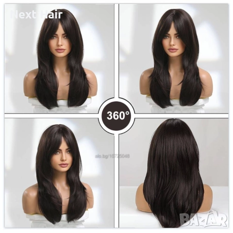 Синтетична тъмно кафява перука - 55 см, средна дължина с бретон и зиг-заг път, снимка 4 - Аксесоари за коса - 52897552