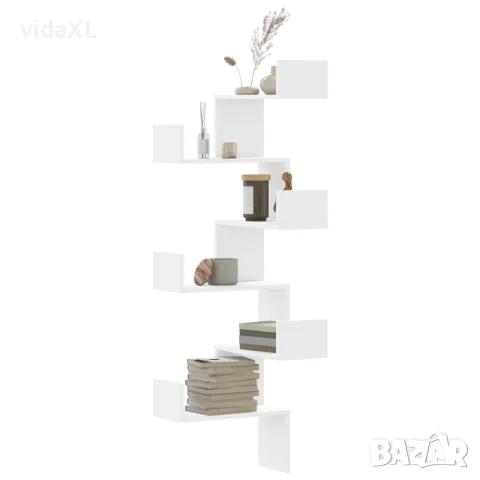 vidaXL Стенен ъглов рафт, бял, 45x45x147 см, инженерно дърво, снимка 2 - Етажерки - 56148295