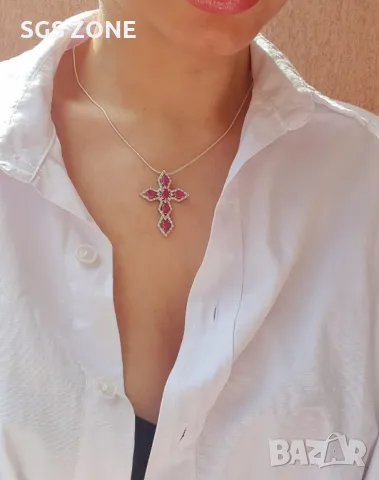 Кръст с Рубини и Сапфири, снимка 2 - Колиета, медальони, синджири - 49575628