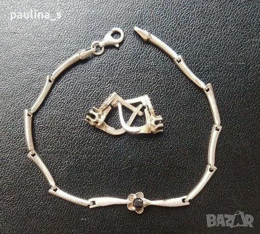 Антика / Стара сребърна гривна проба 925 с черен шпинел, снимка 2 - Гривни - 41660859