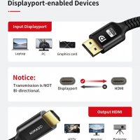 NIMASO Displayport към HDMI (2M), 4K@ 30Hz,  найлонова оплетка, съвместим с компютър, графична карта, снимка 3 - Кабели и адаптери - 35980871