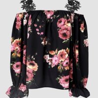 Дамска блуза в черно с ефектни презрамки с бродирани цветя, снимка 7 - Блузи с дълъг ръкав и пуловери - 42156075