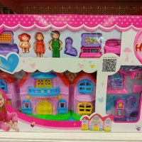 Детска играчка Къща за кукли розова с 4 фигурки + мебели, снимка 1 - Кукли - 35912819