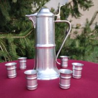 Комплект кана с капак+6 чашки от калай Frieling Zinn немски маркирани, снимка 1 - Антикварни и старинни предмети - 42294636