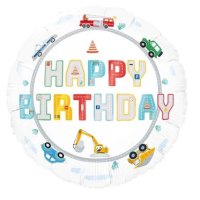 Happy Birthday превозни средства машини кола кръгъл фолио фолиев балон хелий въздух парти рожден , снимка 1 - Други - 42156041