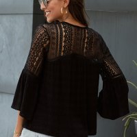 Елегантна дамска блуза в черно с дълъг ръкав и ефектна бродерия, снимка 2 - Блузи с дълъг ръкав и пуловери - 42193168