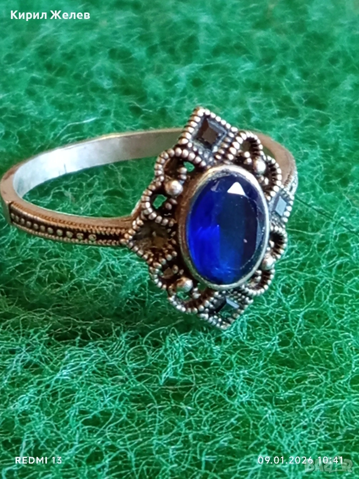 Сребърен пръстен с САПФИР повлиян от Викторианската епоха стил Арт Деко филигранна изработка 43320, снимка 1