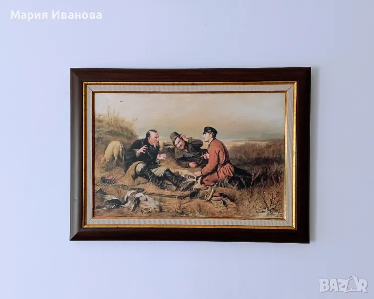 Картина за хижа, ловни мотиви Ловци в почивка, в рамка, снимка 1