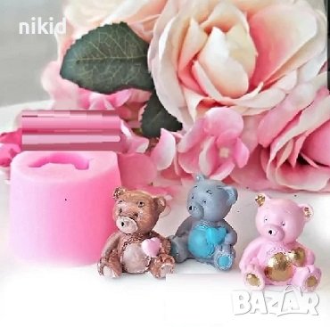 3d малко мече държи сърце цилиндър силиконов молд форма фондан гипс свещ сапун декор украса, снимка 1