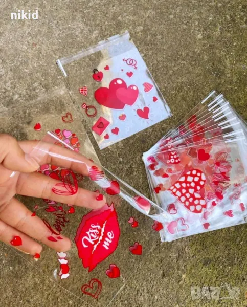 50 бр Червени сърца устни Свети Валентин опаковъчни пликчета торбички дребни сладки ръчна изработка, снимка 1