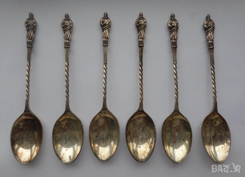 Комплект от шест сребърни лъжички за чай, кафе, снимка 1