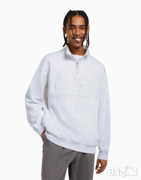 Мъжки суитшърт с висока яка и надпис Bershka, 94% памук, Сив, XL, снимка 1