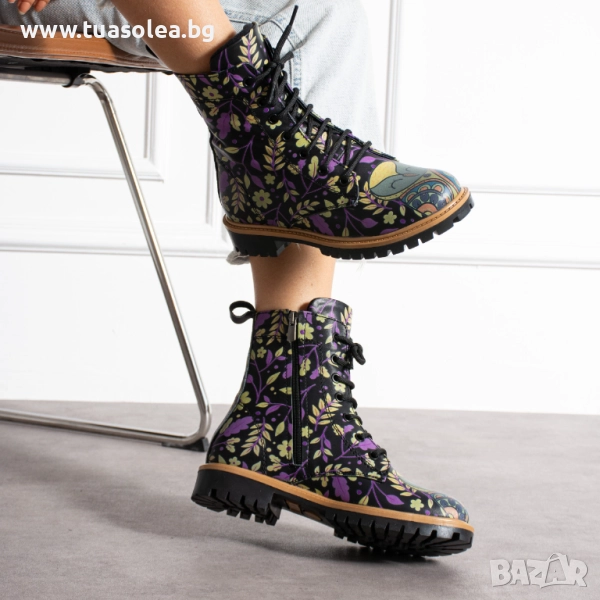 Дамски черни кубинки от естествена кожа с цип и връзки | Марка Tuasolea, снимка 1