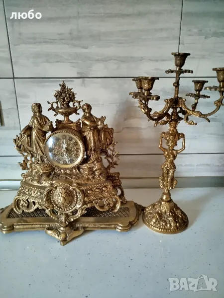 Бронзов Каминен Часовник със Свещник-70 Години Със Кварцов Механизъм Работи Перфектно , снимка 1