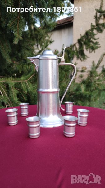 Комплект кана с капак+6 чашки от калай Frieling Zinn немски маркирани, снимка 1