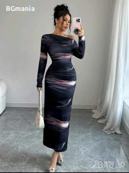 Елегантна дълга рокля лилаво едно рамо дълъг ръкав размери М и Л, снимка 1