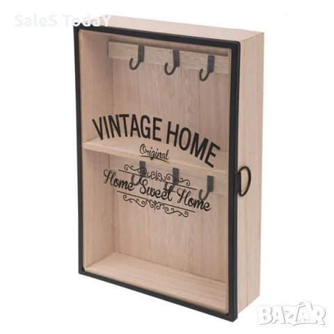 Кутия за съхранение на ключове, със стъклена вратичка, 6 куки, Дървена, 20x30x6 cm., беж, снимка 2 - Декорация за дома - 36014968