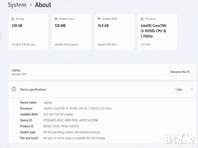 Лаптоп Dell Latitude 3410 14" i5-10310U1.70GHz/RAM 16GB/SSD 256GB/HDMI/ Win 11 Pro, снимка 9 - Лаптопи за работа - 52495955