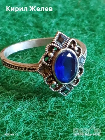 Сребърен пръстен с САПФИР повлиян от Викторианската епоха стил Арт Деко филигранна изработка 43320