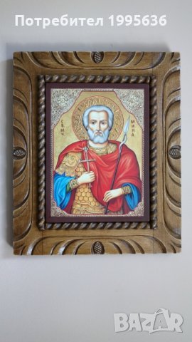 Дърворезба- рамка с икона на Свети Мина- декупаж, снимка 3 - Други - 34355624