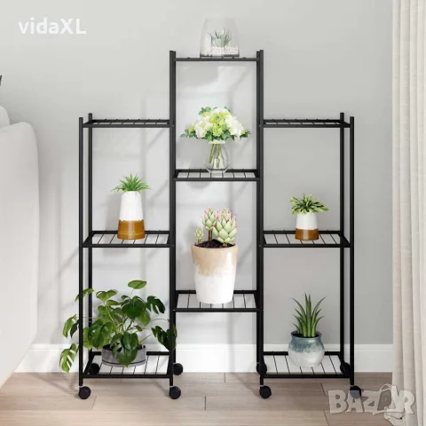 vidaXL Стойка за цветя на колела 83x25x103,5 см черна желязо, снимка 2 - Саксии и кашпи - 56147155
