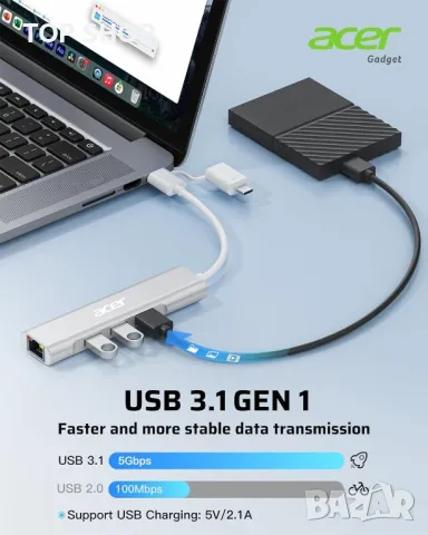 Acer USB C към Ethernet адаптер,USB-A/C хъб с 3 USB-A 3.1 и 1Gbps RJ45, снимка 7 - Кабели и адаптери - 49451938