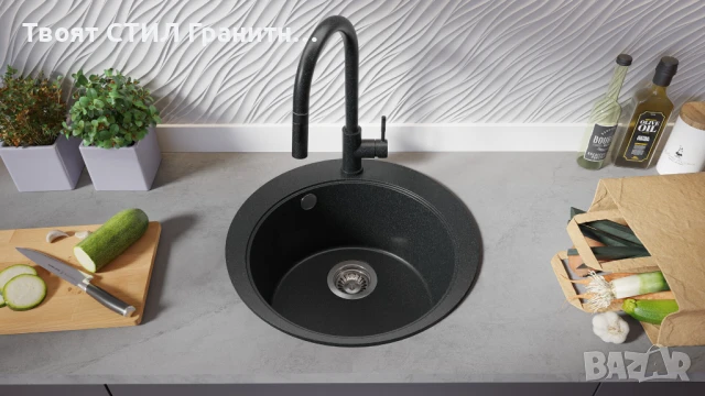 графит кръгла кухненска мивка от гранит Пиза 45 Top 500 x 500 мм, снимка 7 - Мивки - 50782872