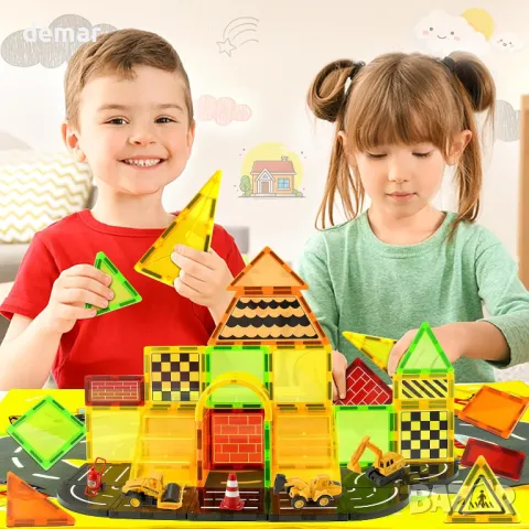 Детски строителни магнитни блокчета пътни части, 3 строителни камиони, снимка 2 - Образователни игри - 47978923