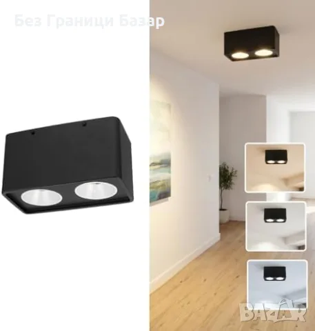 Нов Черен таванен плафон с 2 спота GU10 LED, 12W, CCT 3 цвята, димируема LED лампа осветление дом