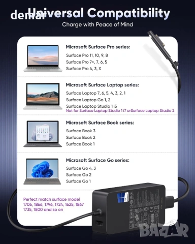 65W Зарядно за Microsoft Surface Pro, Surface Laptop, Surface Book, Surface Go (SU-GAN-PD065W-S-4), снимка 8 - Други - 53779546