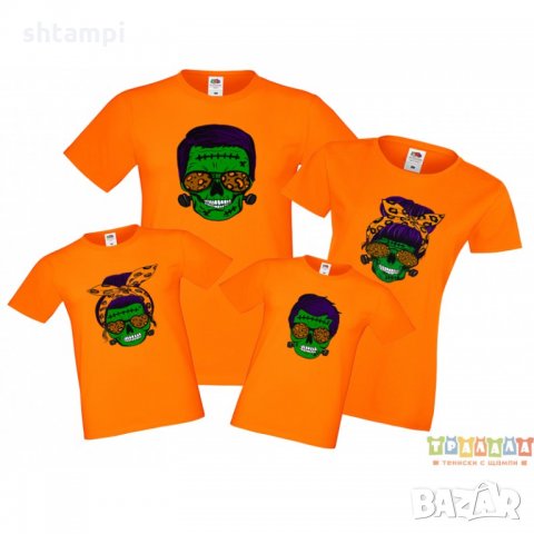 Семеен комплект тениски Хелоуин Frankenstein Skull Family, снимка 3 - Тениски - 34276242
