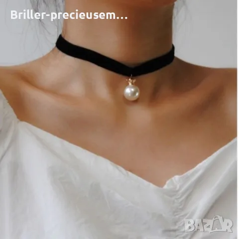 Кадифен чокър с перла , снимка 4 - Колиета, медальони, синджири - 50283481