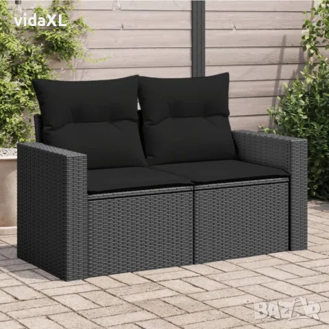 vidaXL Градински диван с възглавници, двуместен, черен, полиратан, снимка 2 - Градински мебели, декорация  - 56147356