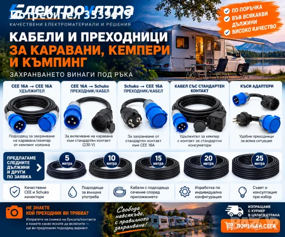 Кабел за каравана и кемпер CEE 16A | Удължител | Schuko преходник | По поръчка