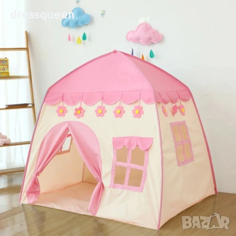 4752 Розов детски кът „Замък“ (130 см) – Сгъваема палатка за стая и двор с включени прозорчета, снимка 2 - Други - 53811413