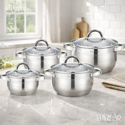 Комплект 4 тенджери от неръждаема стомана с индукционно дъно Cheffinge + ПОДАРЪК Ръчен чопър , снимка 5 - Други инструменти - 53165238