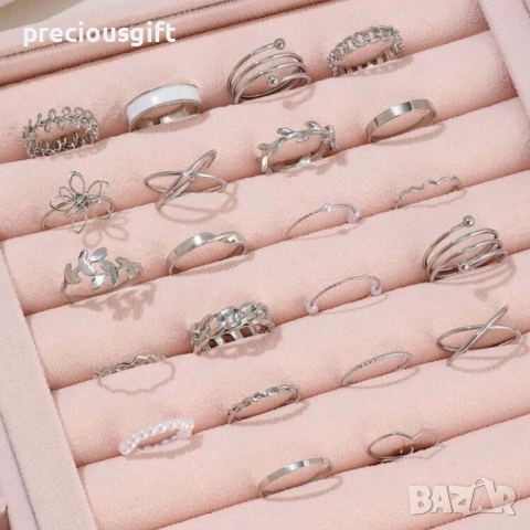 Комплект бижута - 22 броя пръстени, налични в цвят сребро или злато, снимка 2 - Пръстени - 53071118