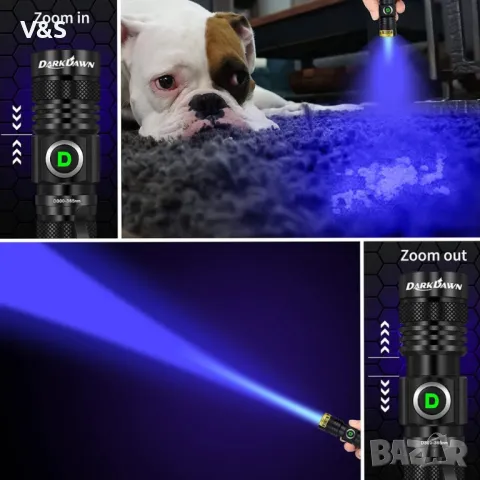DARKDAWN UV 365nm фенерче USB акумулаторна ултравиолетова LED лампа Woods Преносима черна светлина , снимка 3 - Други - 47960113