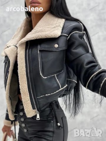 Ново дамско късо кожено яке от агнешка вълна в мотоциклетен стил, 3цвята, снимка 5 - Якета - 42600597