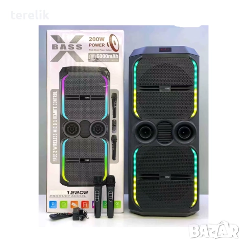 🔊 ABS-12202 – 12”×2 Xbass 200W 6000mah-50лв Професионална караоке тонколона, Bluetooth, 2 микрофонa, снимка 18 - Караоке - 51831246