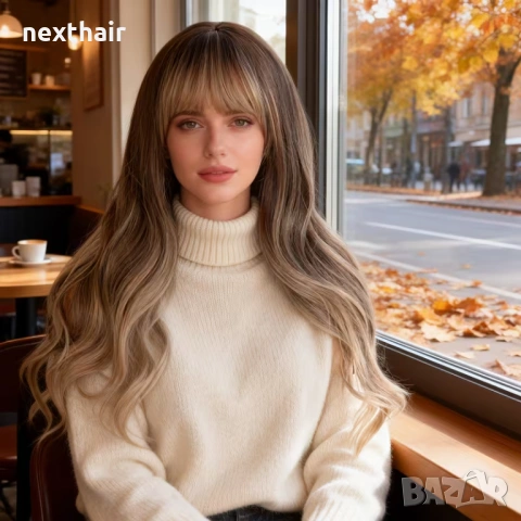 Дълга омбре перука с бретон - кафяво към пепеляво русо, меки вълни, снимка 9 - Аксесоари за коса - 53831185